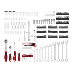 Einhell Werkzeugkoffer Mechanik, 233-teiliges Werkzeug-Set mit Knarren, Schraubenschlüsseln, Bits und Zubehör.