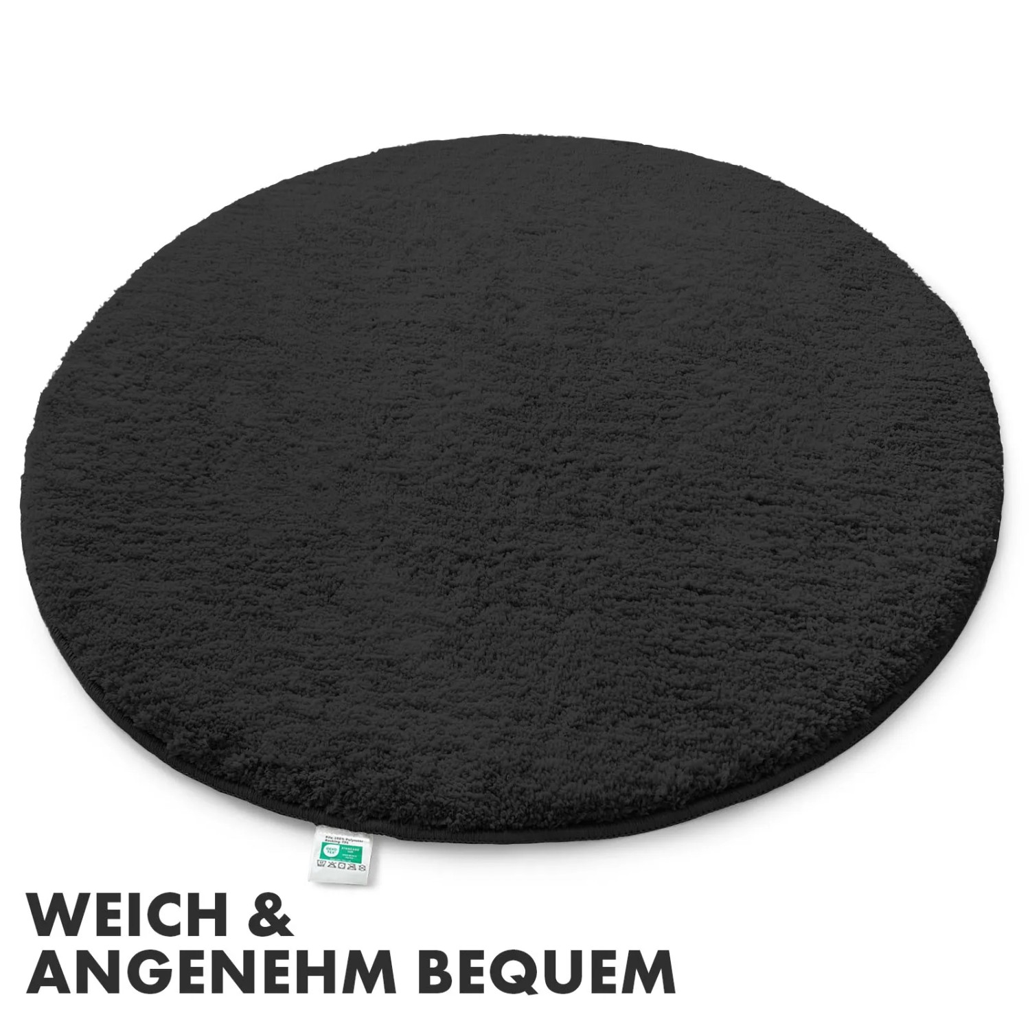 Schwarzer, runder KARAT Badteppich SKY, flauschige Badematte mit 120 cm Durchmesser.
