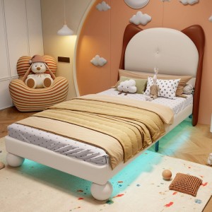 PXloue Kinderbett 90x200 Polsterbett mit LED Katzenohren-Kopfteil Beige-Braun