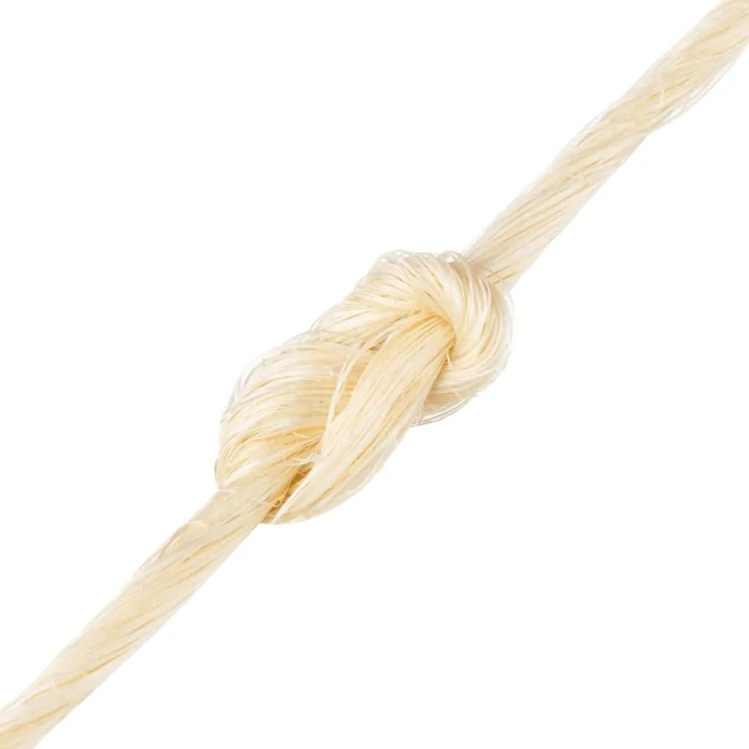Beiges Sisalseil mit 3 mm Durchmesser und Knoten, Nahaufnahme. Robustes Naturfaserseil für Taue & Seile.