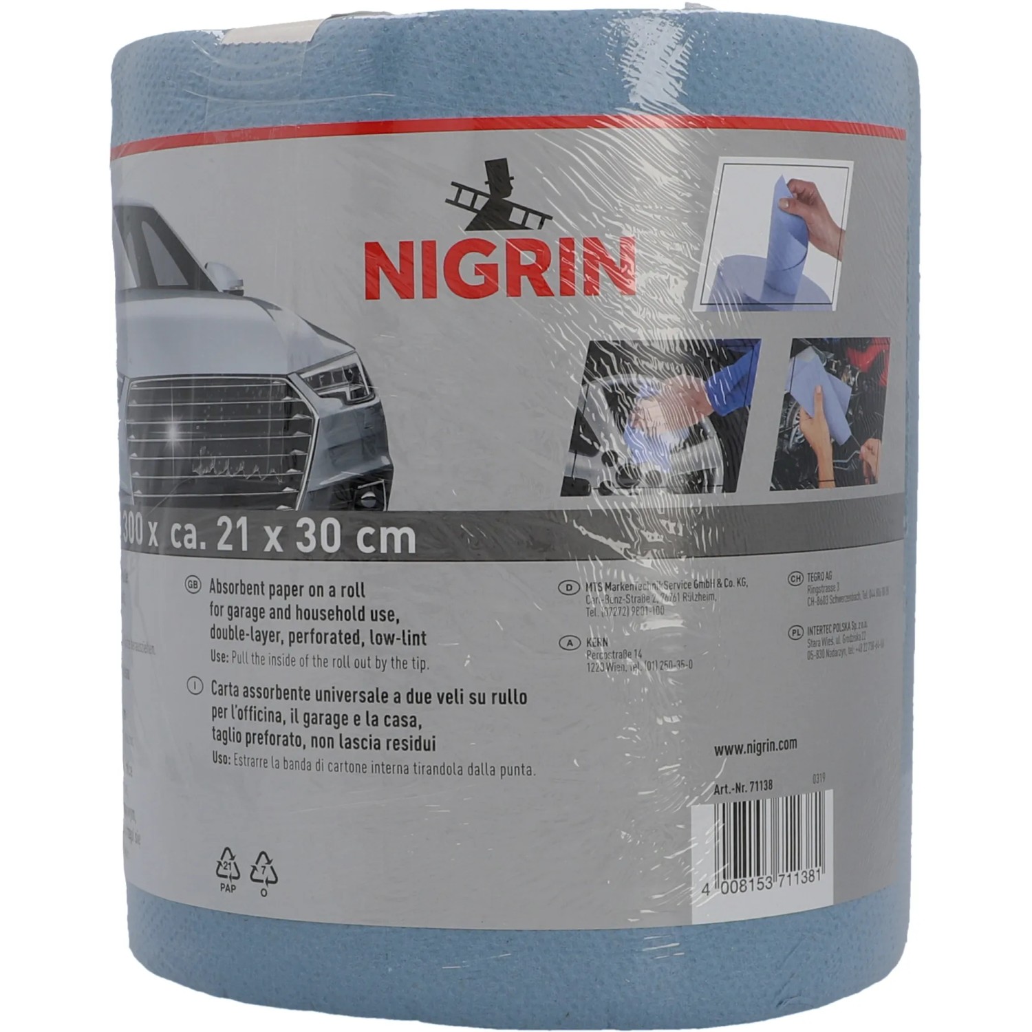 Nigrin Universal-Papierrolle, 300 Blatt, 21x30cm, für Autopflege und Werkstatt.