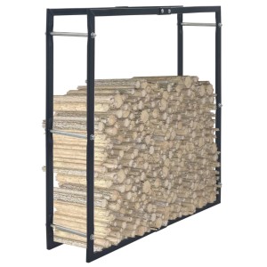 Schwarzes VidaXL Brennholzregal aus Stahl, 100x25x100 cm, gefüllt mit Holzscheiten.
