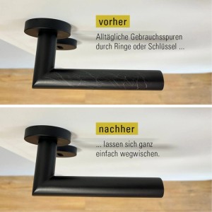Novadoors NOVA CORVO BLACK BB Türgriff: Oben mit Kratzern, unten sauber. Demonstriert die kratzfeste PVD-Beschichtung und leichte Reinigung.