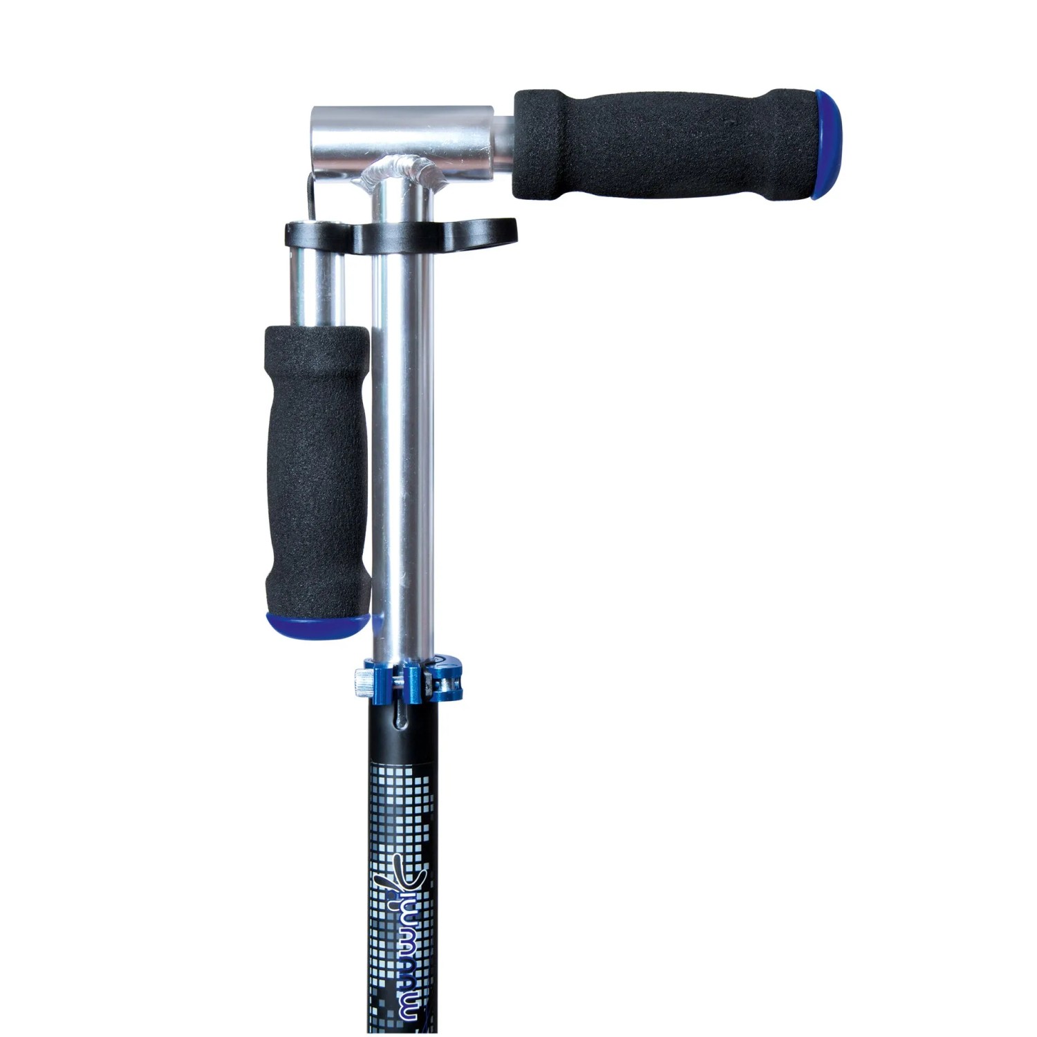 Detailaufnahme des Lenkers vom Muuwmi Aluminium Scooter, schwarz-blau, höhenverstellbar.