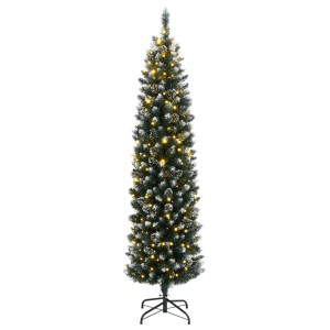 Schlanker, künstlicher Weihnachtsbaum mit LEDs, Schnee und Zapfen, 180 cm hoch.