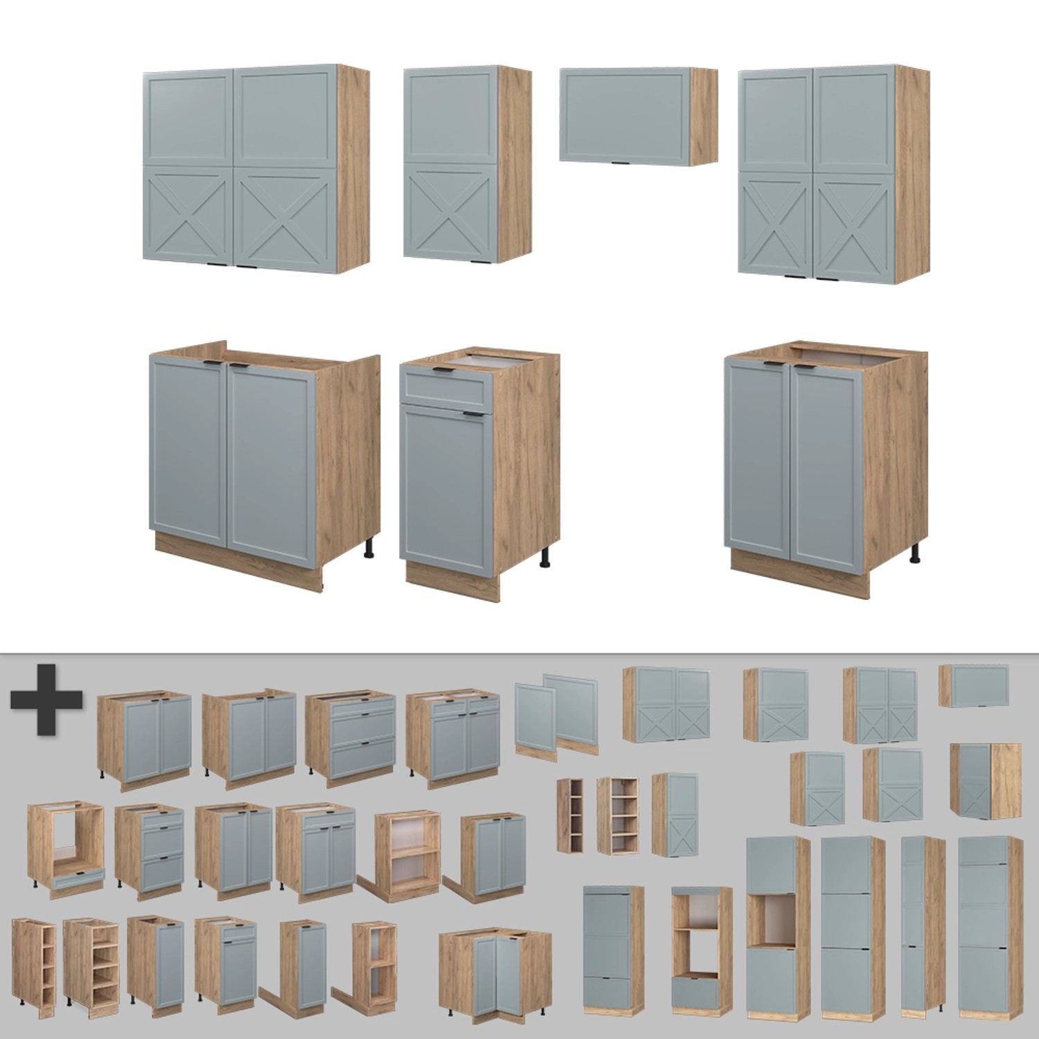 Vicco Fame-Line Komplettküche in Hellblau-Grau und Goldkraft Eiche, 240 cm breit.