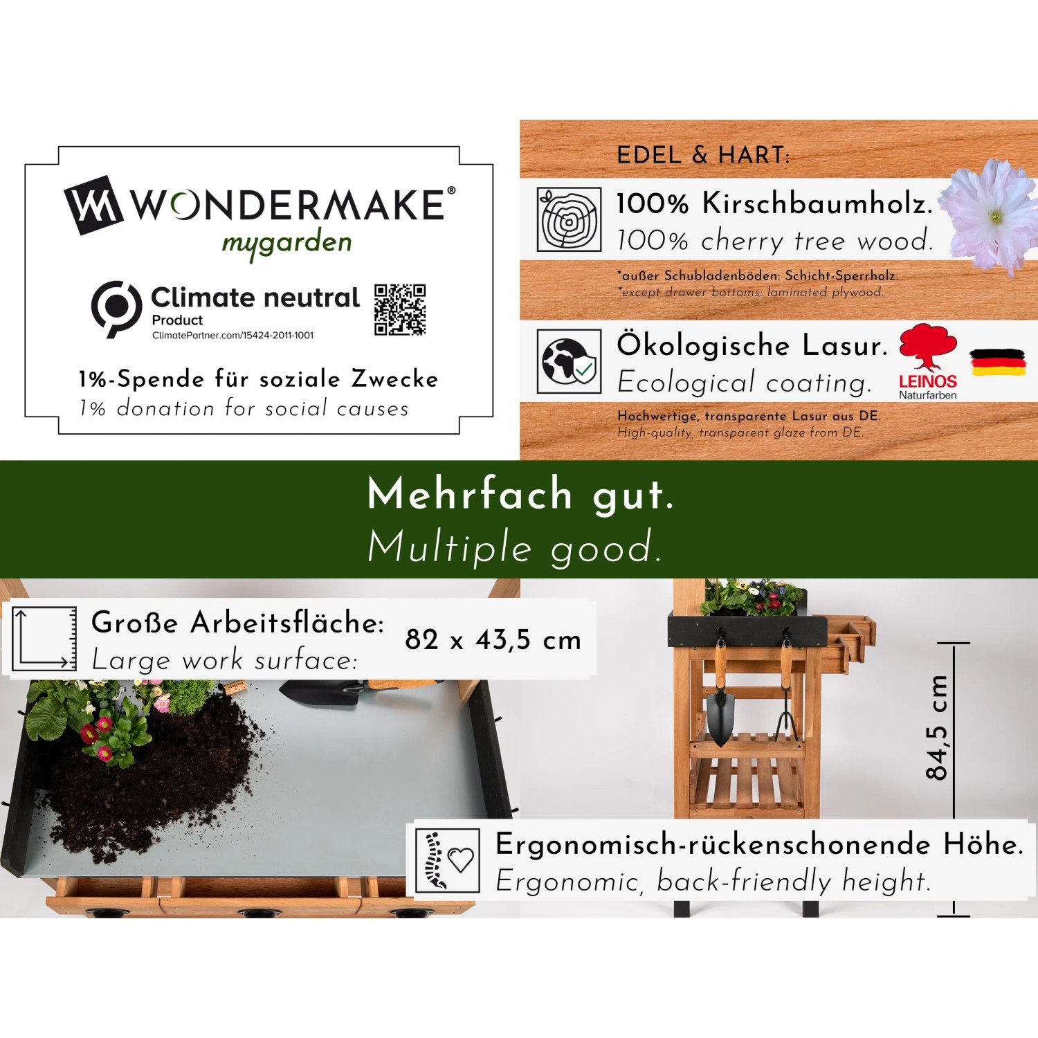 WONDERMAKE Pflanztisch Kirschbaumholz, Design Gärtnertisch mit Schubladen und Haken.