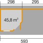 Grundriss Weka Holz-Gartenhaus Flachdach Lasiert, 593x339 cm, mit Maßangaben.
