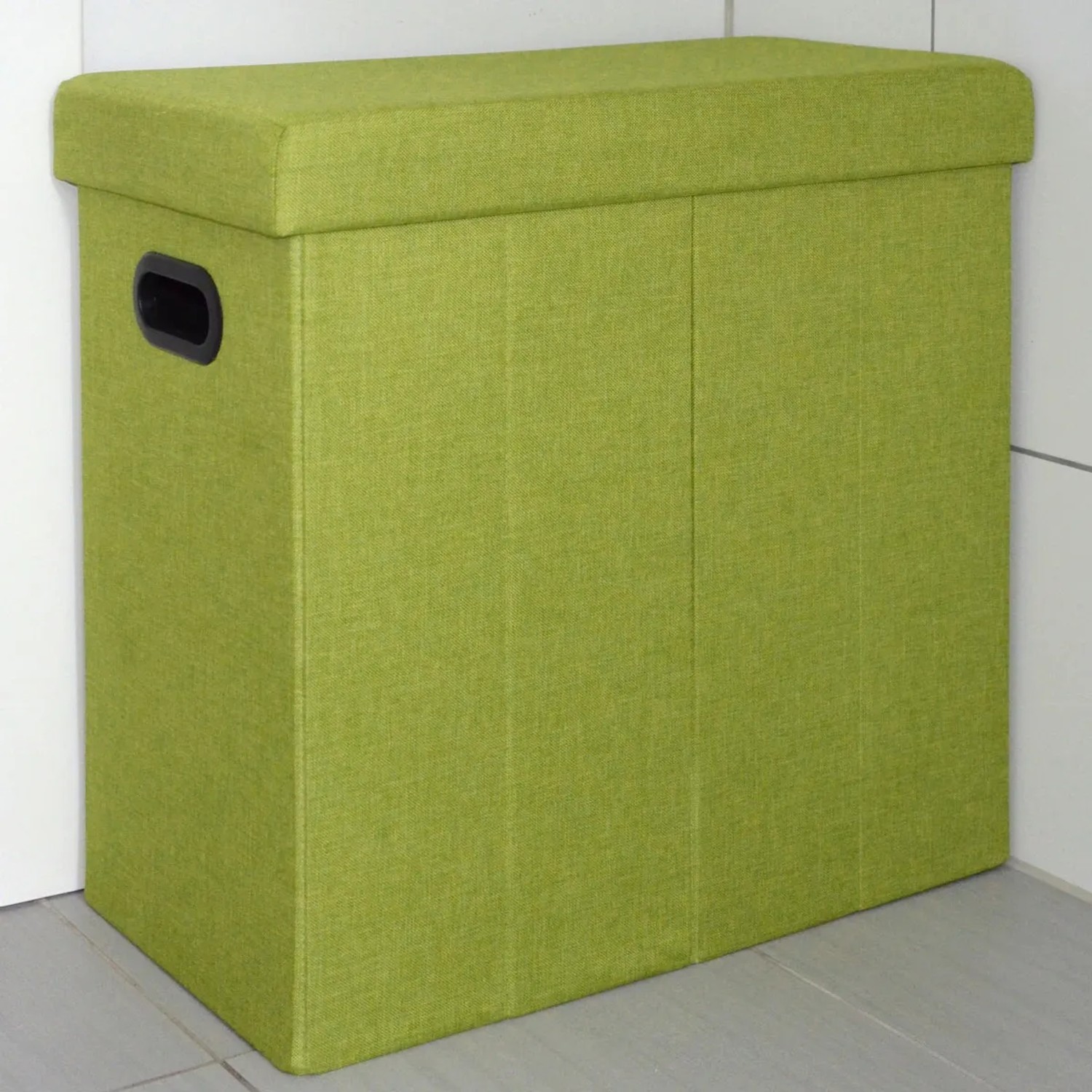Grüner, faltbarer DuneDesign Wäschekorb (70L) in Leinen-Optik mit Deckel und Tragegriffen.