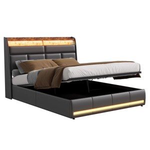 PXloue Stauraumbett 160x200cm Bettrahmen mit LED&Ladefunktion für Erwachsene Schwarz