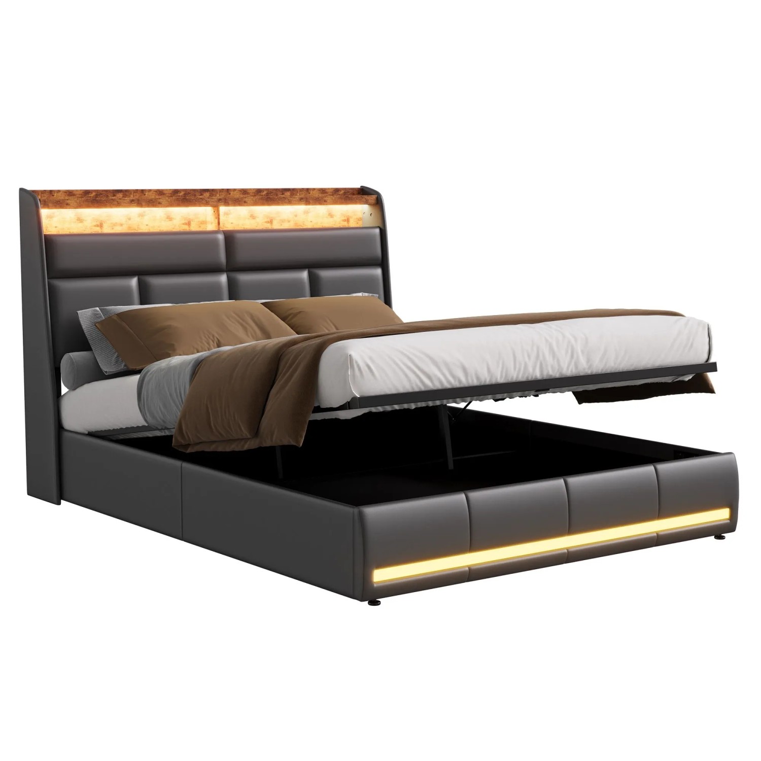 PXloue Stauraumbett 160x200cm Bettrahmen mit LED&Ladefunktion für Erwachsene Schwarz
