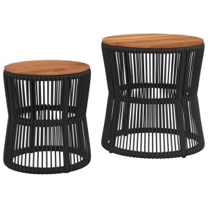 vidaXL Garten-Beistelltische, 2er-Set, schwarz, Poly Rattan mit Holzplatte.