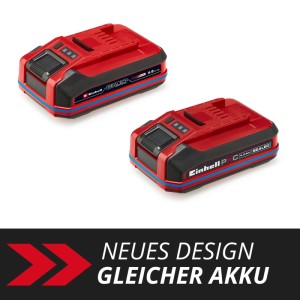 Zwei rote Einhell 18V Akkus 4,0 Ah Power X-Change Plus für Elektrowerkzeuge.