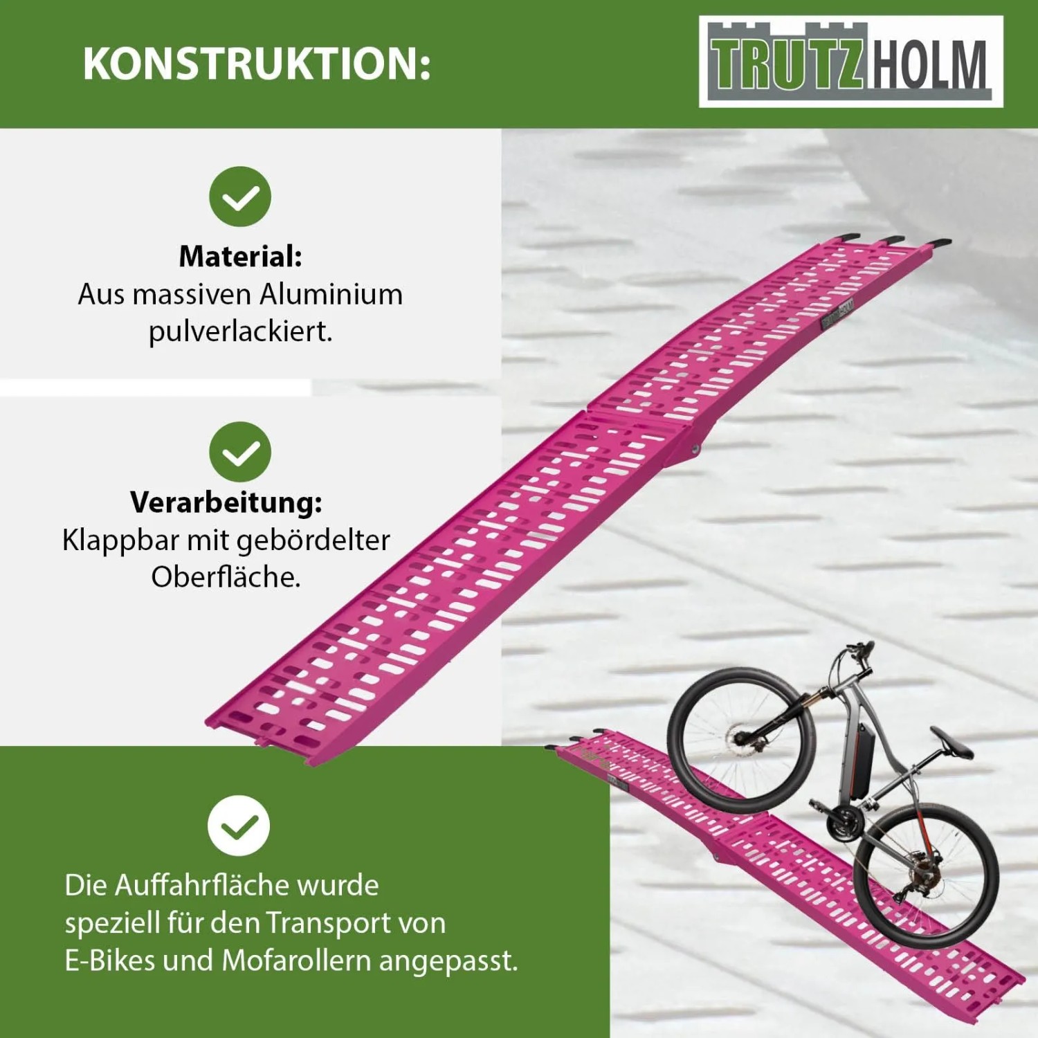 TRUTZHOLM Auffahrrampe, klappbar, pink, für Motorrad/E-Bike. Zubehör für Autoanhänger.