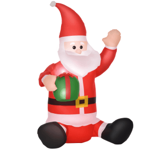 Aufblasbarer Weihnachtsmann in rotem Anzug, weißem Bart, winkend, hält grünes Geschenk. LED Weihnachtsdekoration.