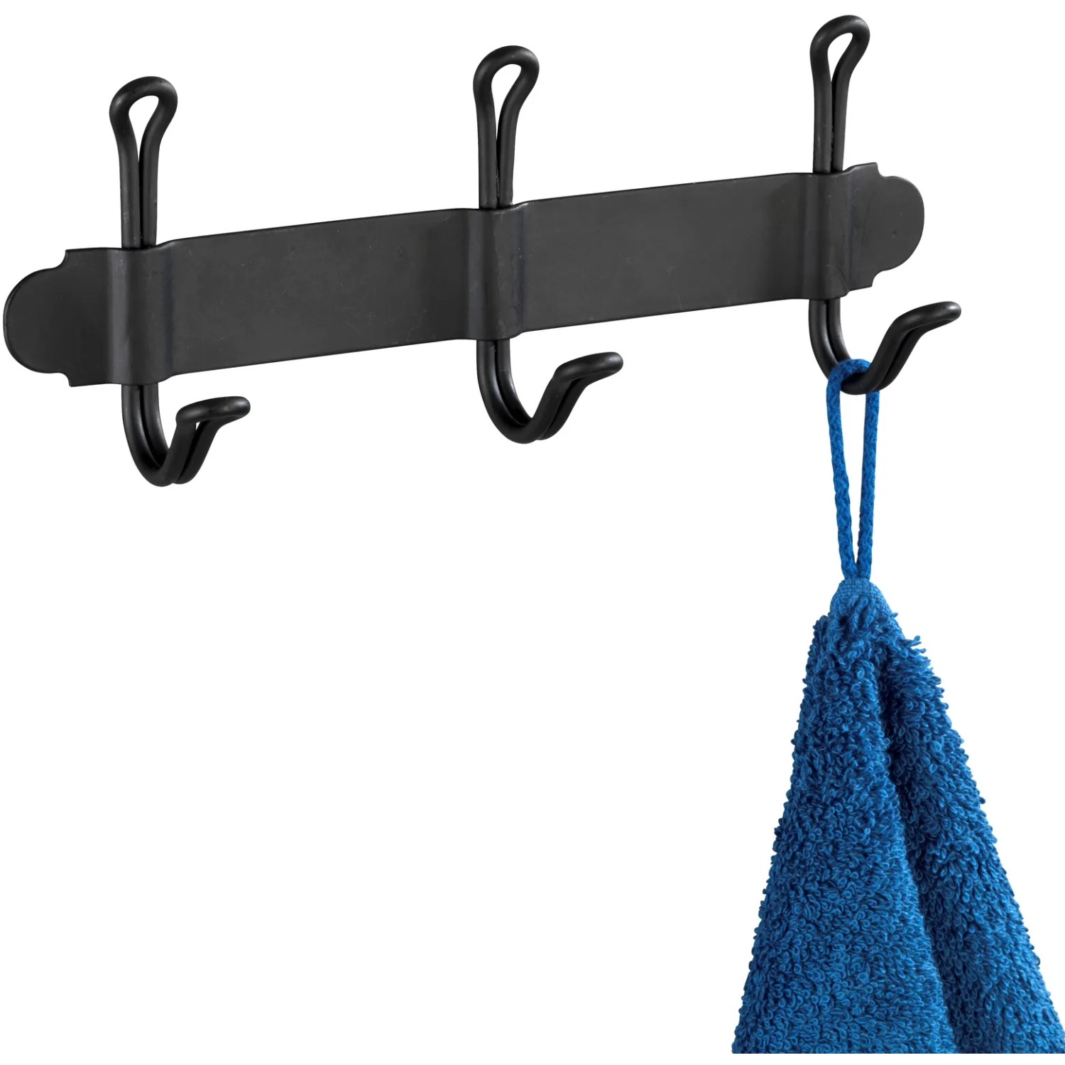 Wenko Hakenleiste Nostalgie Trio, schwarz matt, mit drei Haken und blauem Handtuch.