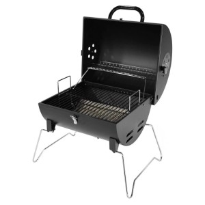 Schwarzer TAINO CHAROX Holzkohlegrill, Deckel offen, mit Grillrost, Warmhalterost und klappbaren Beinen. Kompakter Tisch- & Campinggrill.