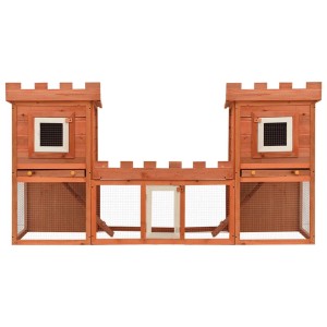 Großer, doppelstöckiger Kaninchenstall/Kleintierkäfig im Burgen-Design aus Holz mit Drahtgitter.