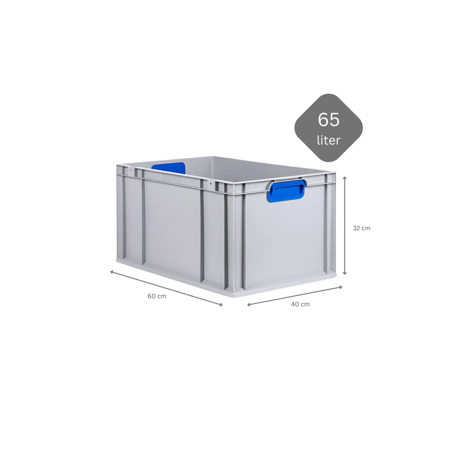 Graue PROREGAL Eurobox 60x40x32cm mit blauen Griffen, als Set mit Deckel und Schnappverschlüssen.