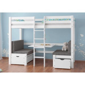 Erst-Holz Kinderetagenbett 90 x 200 cm mit Sitzbank und Tisch Weiß Kiefer Massiv Modell 22 mit Rollrost und Polster