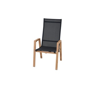 Siena Garden Dining Sessel Move Catania, schwarz-braun, mit Teaklook-Gestell und atmungsaktivem Bezug.