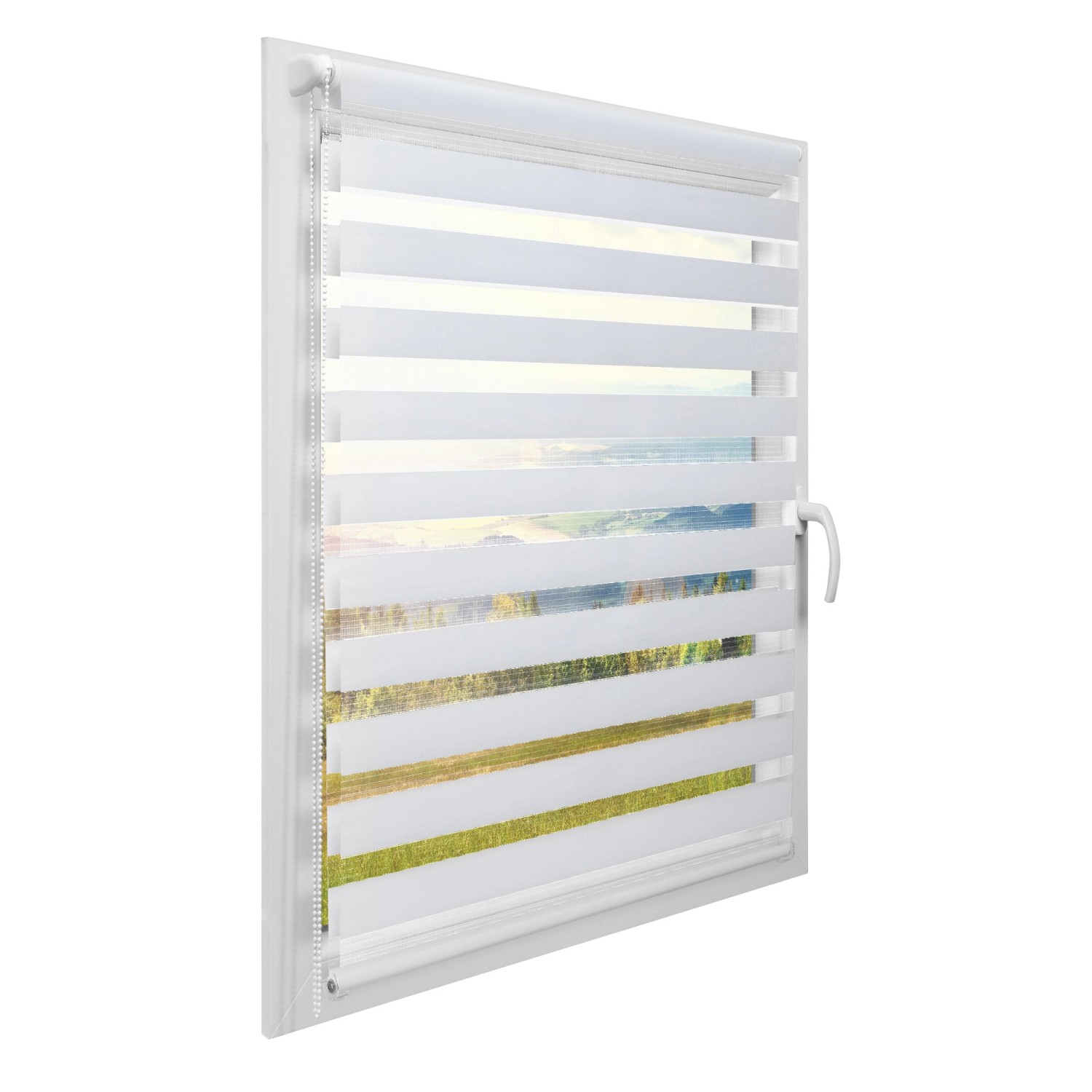 Weißes Sol Royal Doppelrollo SolDecor DL2 115x150cm am Fenster, für Licht- und Sichtschutz.