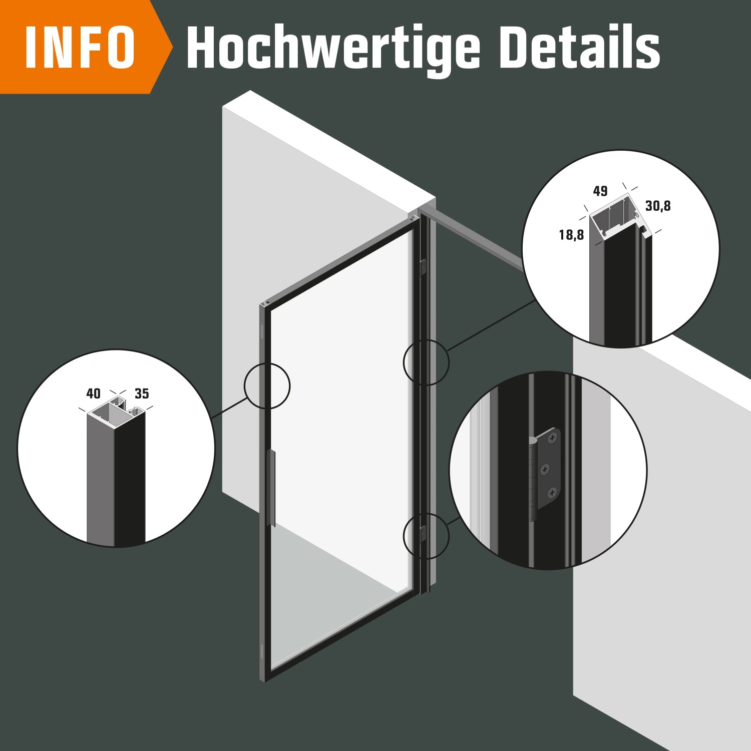 Detailansicht Loft+Mehr Drehtür-Set mit Blockzarge und Griff, DIN Links, Klarglas.