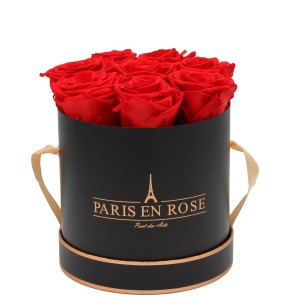 Rosenbox mit 9 roten Rosen in schwarz-roségoldener Box (Ø 14,5 cm).