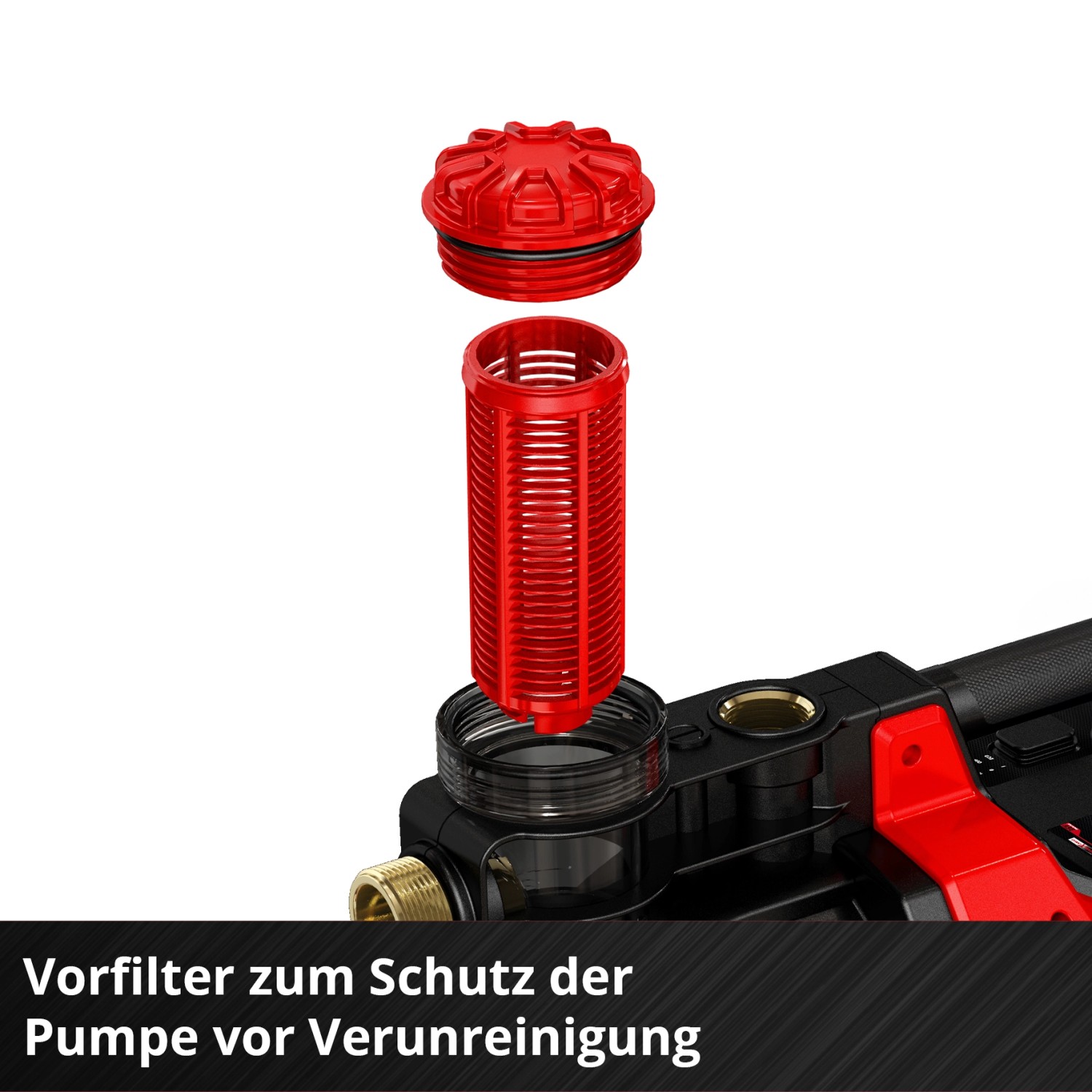 Einhell Aquinna Akku-Wasserpumpe: Detailaufnahme des roten Vorfilters zum Schutz vor Verunreinigungen.