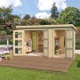 Lasita Holz-Gartenhaus Zambezi XL: Unbehandeltes Gartenhaus mit drei offenen Räumen und Spielzeug.