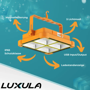LUXULA Solar Baustrahler mit Akku CCT Warm-Kaltweiß 6 Std.Leuchtzeit USB In- Output IP65 Magnet- Hängefunktion