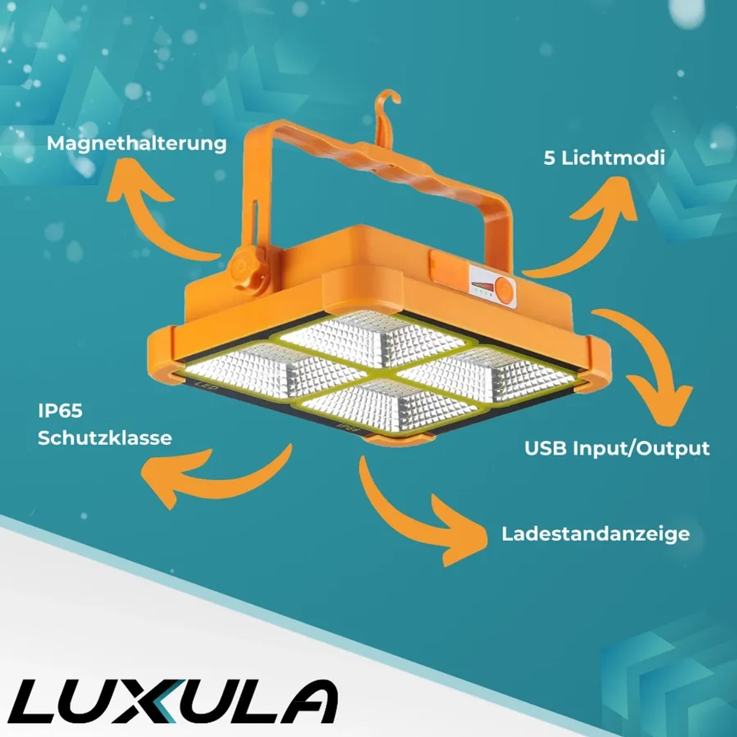 Orange-schwarzer LUXULA Solar Baustrahler mit LED, Akku, USB, Magnet- und Hängefunktion, IP65 Schutz.