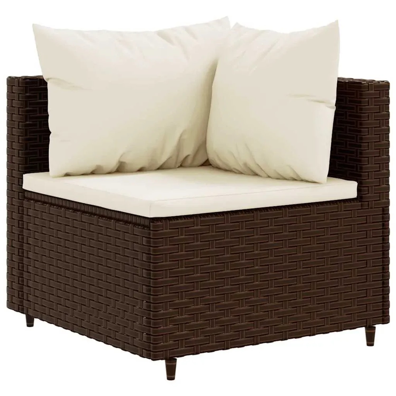 Braunes vidaXL Garten-Lounge-Eckteil aus Polyrattan mit cremeweißen Kissen.