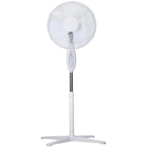 Weißer Standventilator (Ø 40 cm) mit Fernbedienung für angenehme Kühlung.