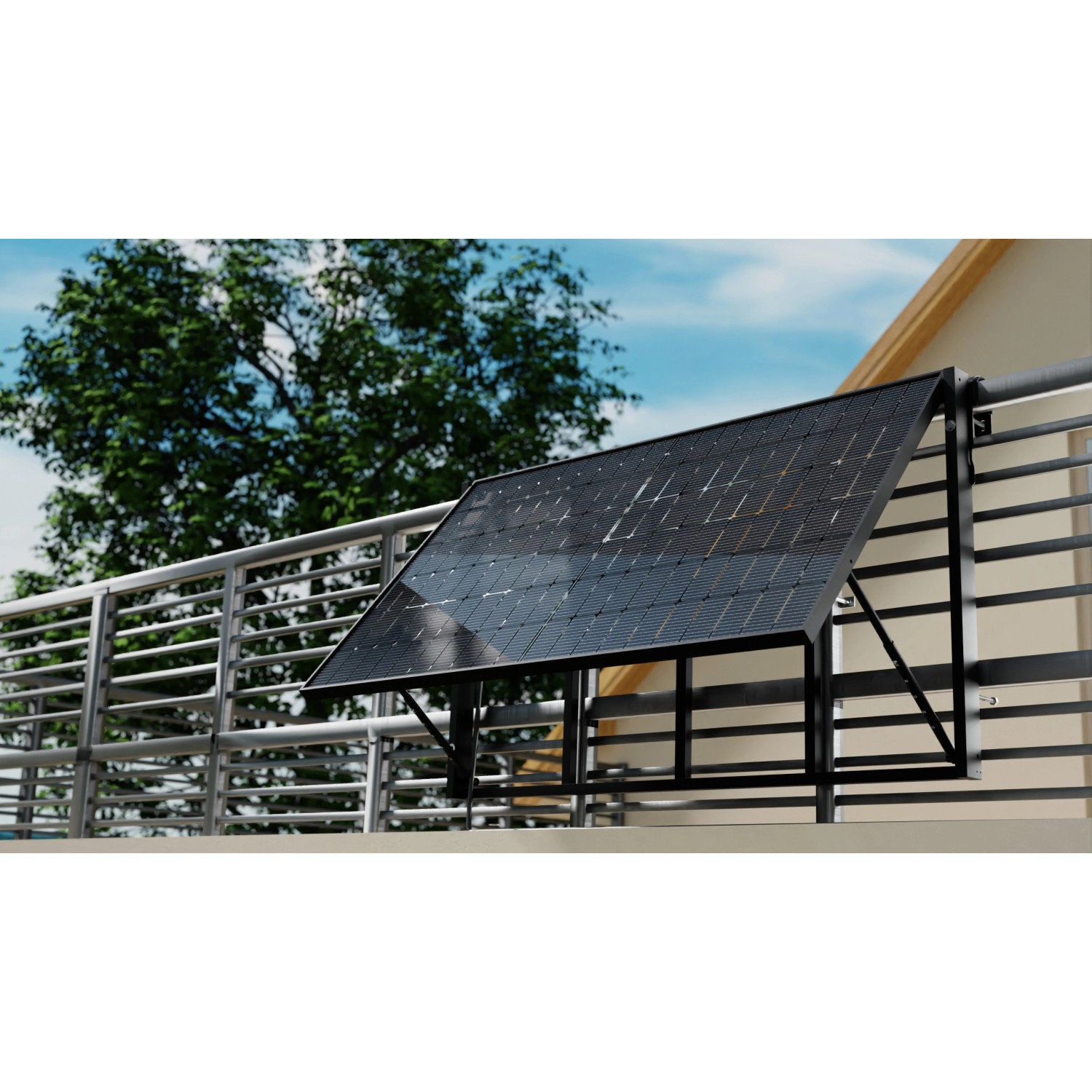 Hepa Solar Balkonkraftwerk Basic mit schwarzem Rahmen, montiert am Balkongeländer.