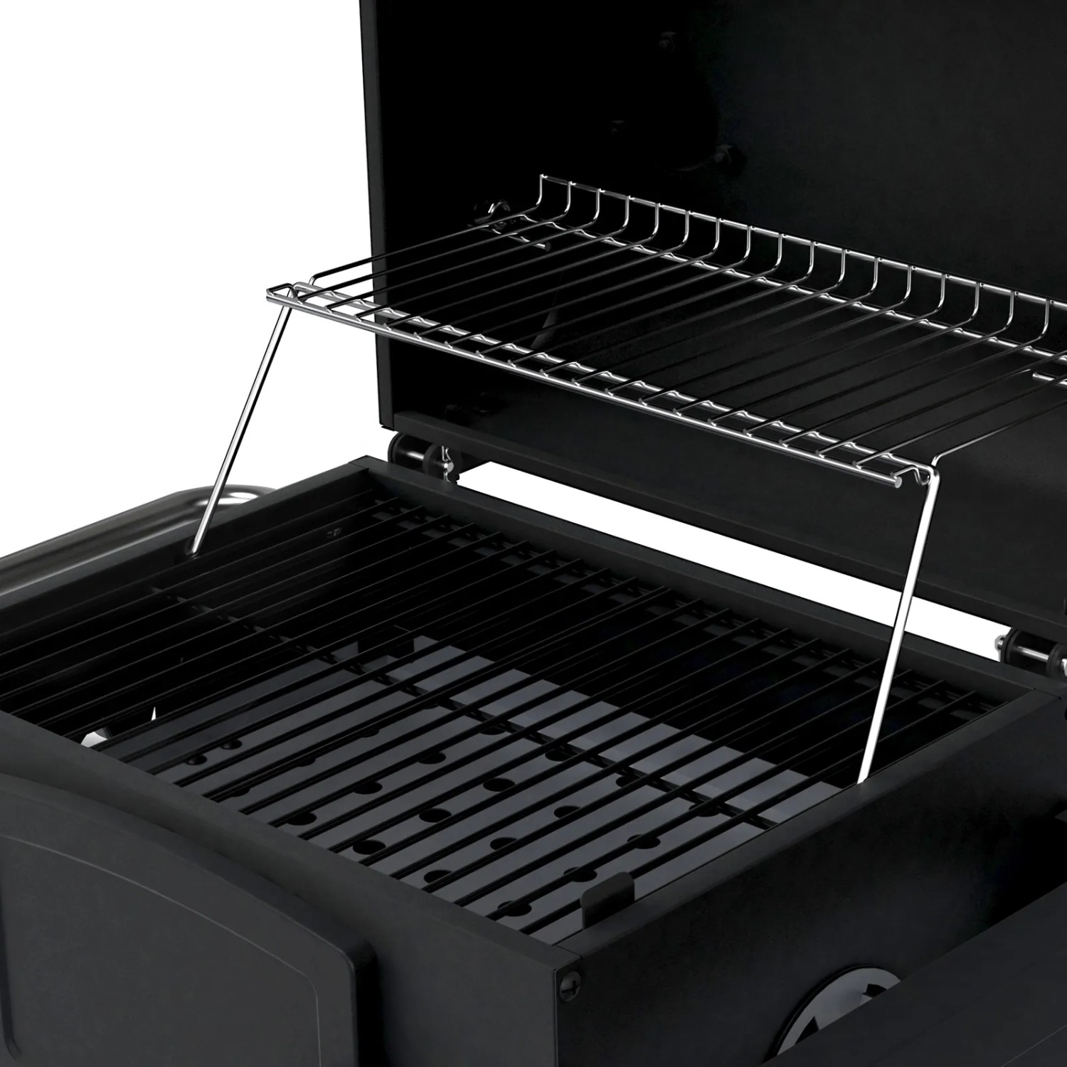 Detailaufnahme: Taino Hero Holzkohlegrill Smoker mit Grillrost und Warmhalterost.