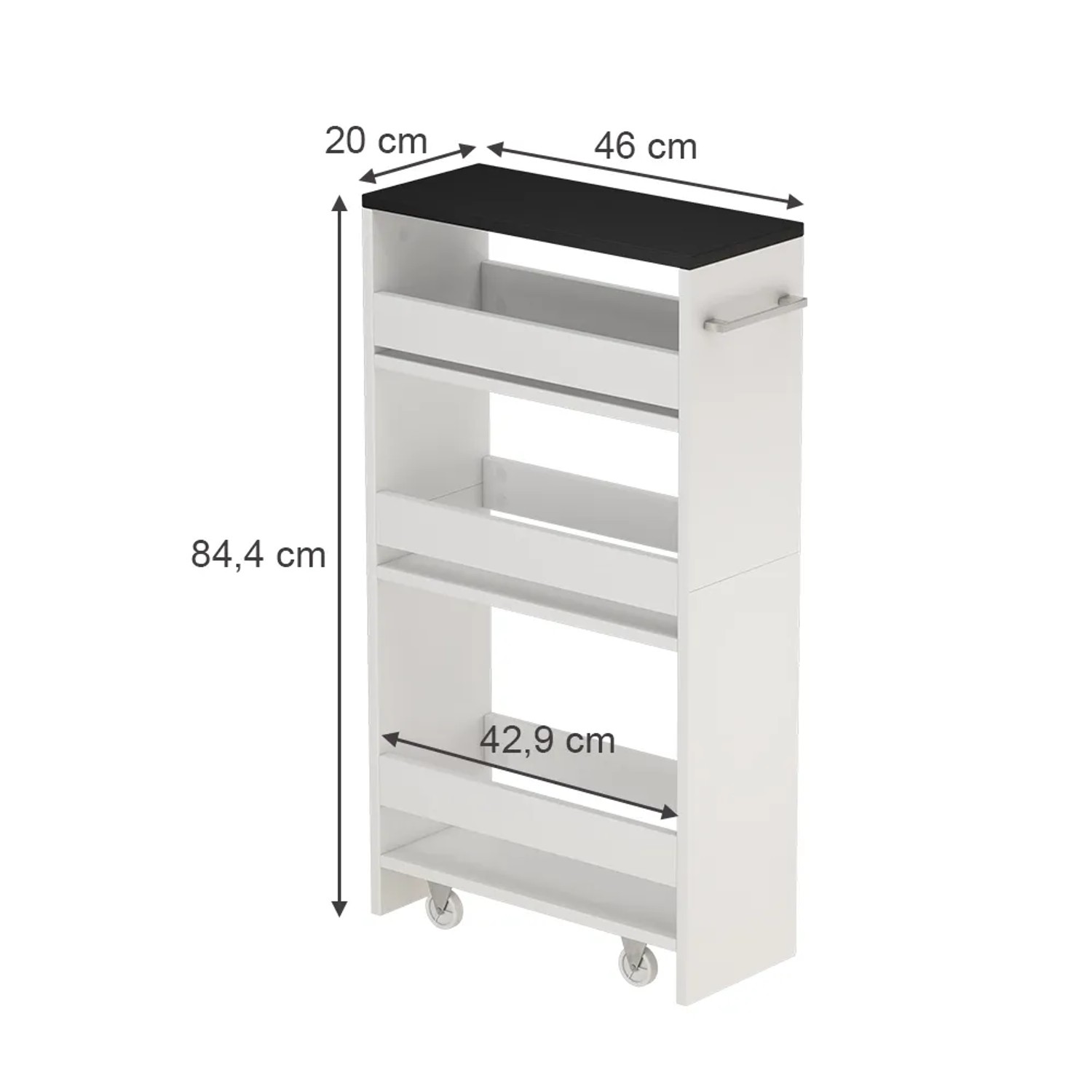Vicco Rollregal Rivo, weiß/anthrazit, 20x85 cm, Küchenschrank mit 3 offenen Fächern und Rollen.