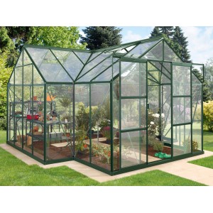 Vitavia Gewächshaus Sirius 13 m² mit Fundament, Smaragdgrün, Glas. Pflanzenzucht im Garten.