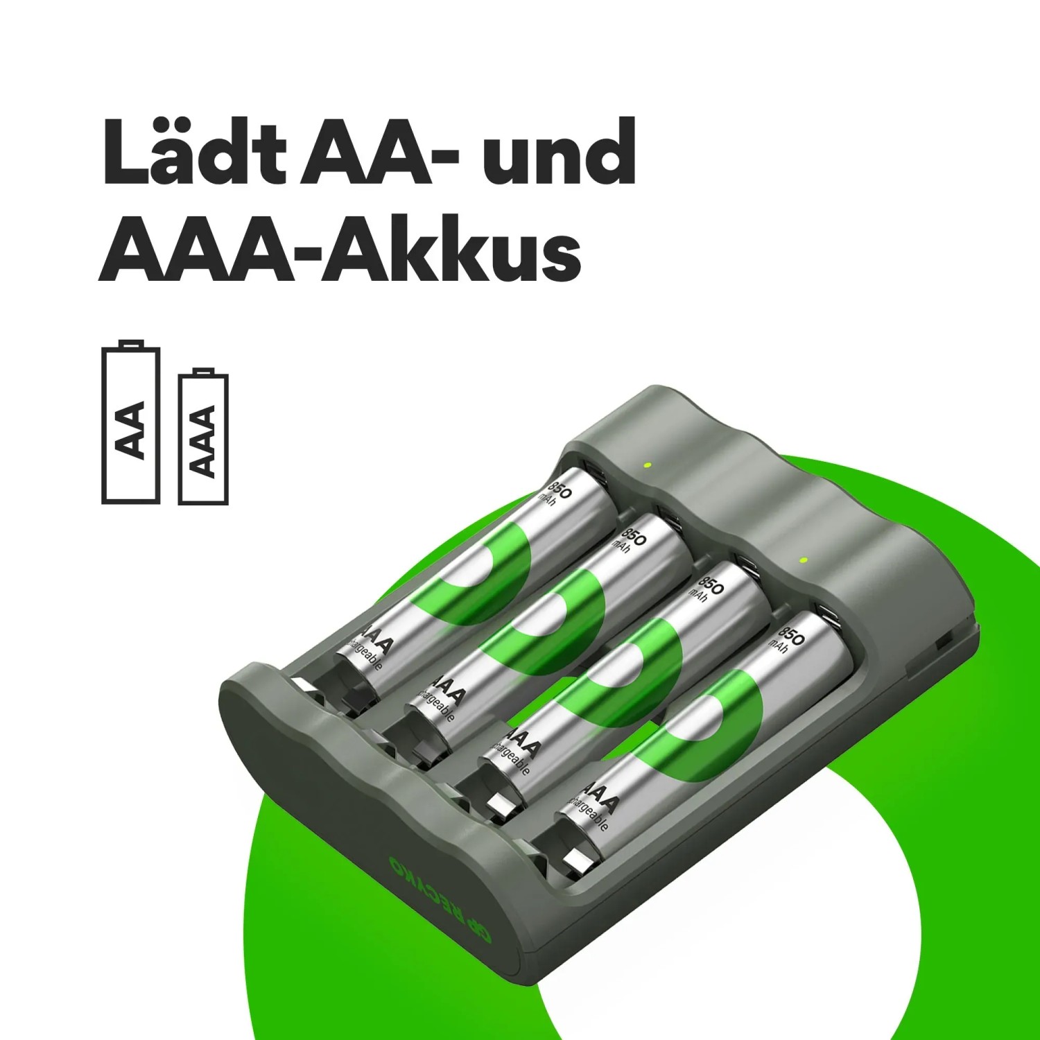 GP Akku-Ladegerät B441 mit 4 AAA-Akkus 850 mAh im Ladeschacht.