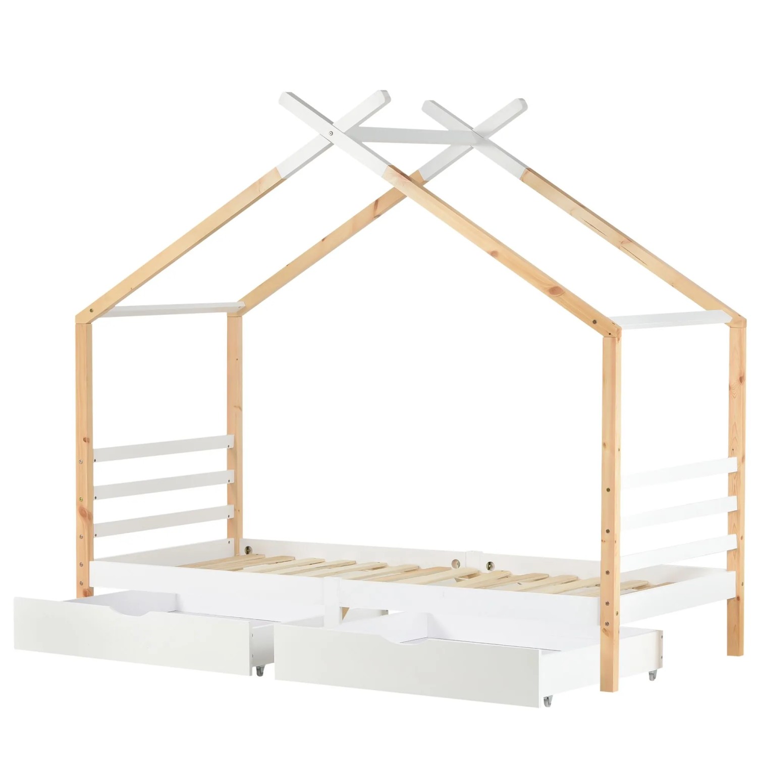 Merax Hausbett 90x200 Weiß Kiefer Massivholz Mit Schubladen