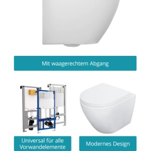 Calmwaters Wand-WC Set, spülrandlos, verkürzt, mit WC-Sitz und Absenkautomatik, Weiß.