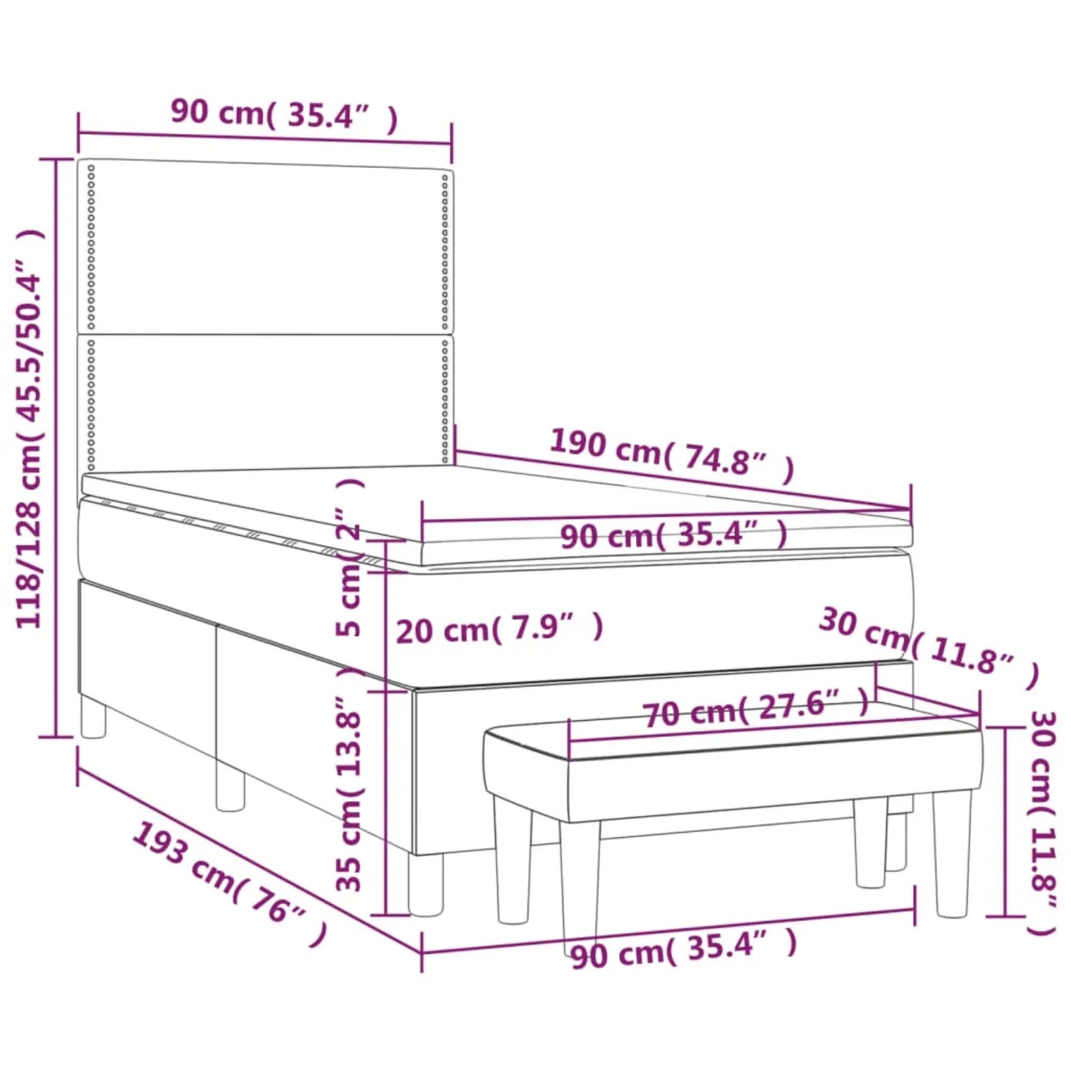 vidaXL Boxspringbett rosa (90x190 cm) mit Matratze und Bank, Maße eingezeichnet.