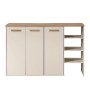 Moderner Schuhschrank Skaido in Beige mit heller Holzplatte, 120 cm breit, 3 Türen und 3 offenen Fächern.
