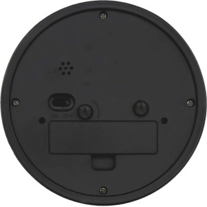 Rückseite des weißen Wall-Art Weckers (Ø 11 cm) mit Batteriefach und Einstellknöpfen.