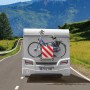 Calima Warntafel 2 in 1 am Wohnwagen mit Fahrradträger und Fahrrad. Pannenhilfe für Italien und Spanien.