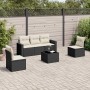 Schwarze 6-tlg. vidaXL Garten-Sofagarnitur aus Poly Rattan mit cremeweißen Kissen.