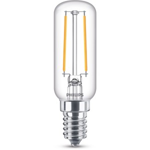 Philips LED-Leuchtmittel E14, 2,1W, warmweiß, 250lm. Klare, längliche Glühbirne mit Filament.