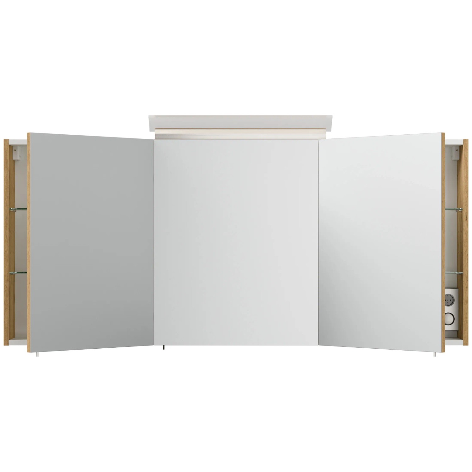 Posseik Spiegelschrank 140 cm Eiche Gold mit LED-Lampe und Glasböden, drei Spiegeltüren geöffnet.