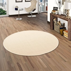 Runder, creme-farbener Sisalteppich (200x200cm) von Snapstyle Natur auf Holzboden.