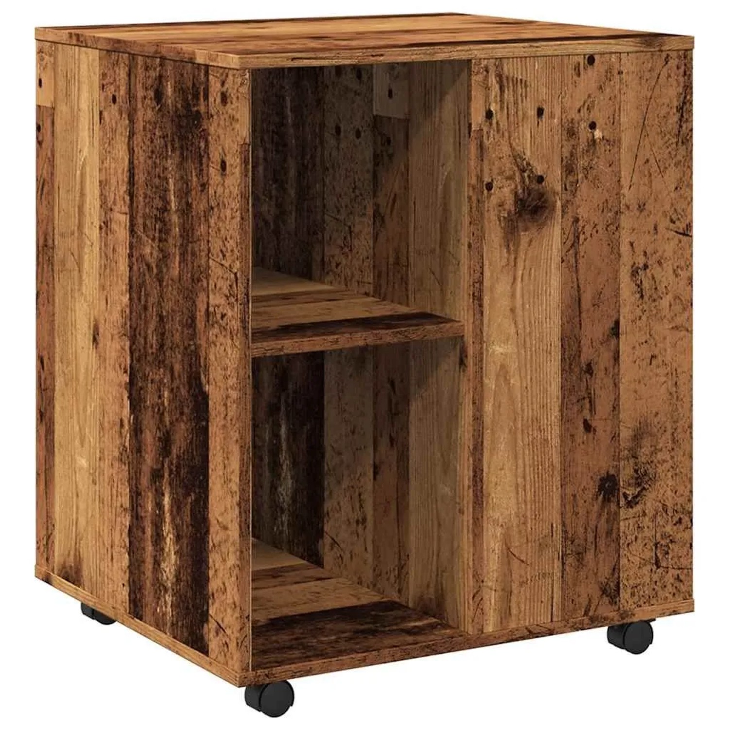 vidaXL Rollschrank in Altholz-Optik aus Holzwerkstoff. Mobiler Wohnzimmerschrank mit offenem Fach und Rollen.